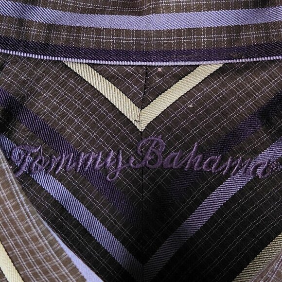 Tommy Bahama XXL 100% Silk Purple Gray Stripe Plaid Long Sleeve Button Up Shirt - Picture 8 of 16